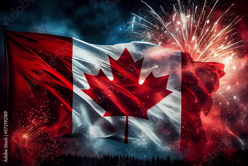 Flag of Canada and Holiday fireworks in majestic sky of National Independence day © PaulShlykov