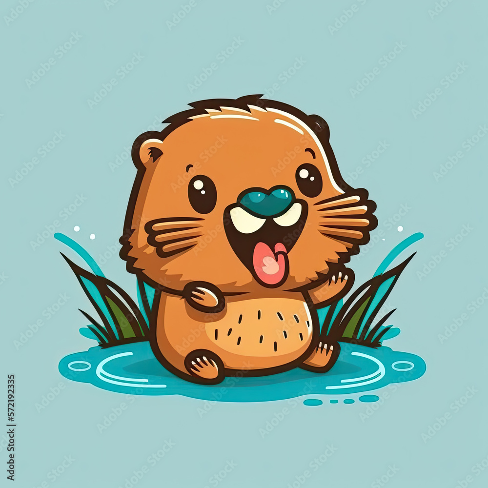 Fototapeta premium Cartoon happy beaver on a light color background. Generative AI