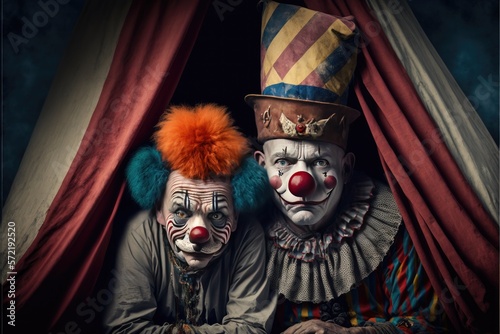 Terrible clowns and Halloween theme: Crazy scary circus characters with the tent on the background. Generative AI