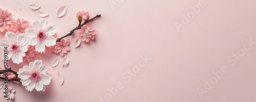 Sakura flower blossom on light pink background. Copy space for text. Generative AI  © vectoraja