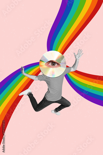Vertical collage image of black white gamma crazy person cd disc instead head big watching eye painted rainbow isolated on drawing background