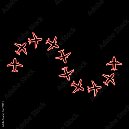 Neon route from airplanes flight tourism path plane flights adventure time concept itinerary fly red color vector illustration image flat style