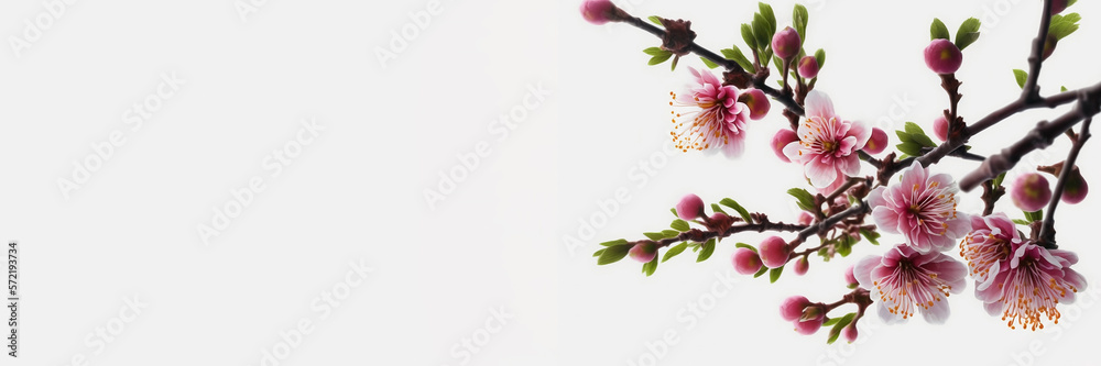 Blooming plum tree with pink flower isolated on white background. Copy space for text. Generative AI