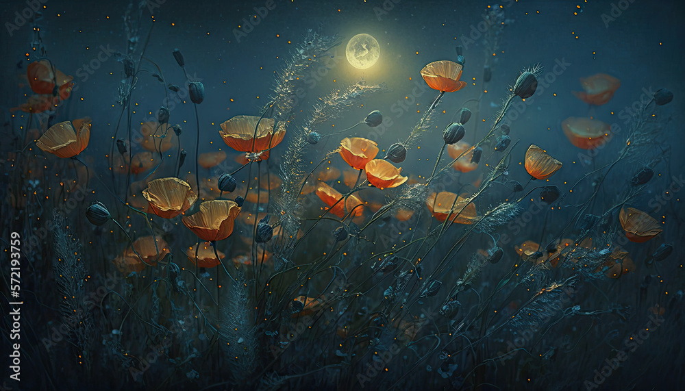 Fototapeta premium Fireflies landing on Wild poppies in moonlight, 16:9 , amazing illustration. ai generative