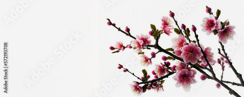 Blooming plum tree with pink flower isolated on white background. Copy space for text. Generative AI