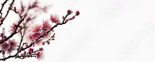 Blooming plum tree with pink flower isolated on white background. Copy space for text. Generative AI © vectoraja