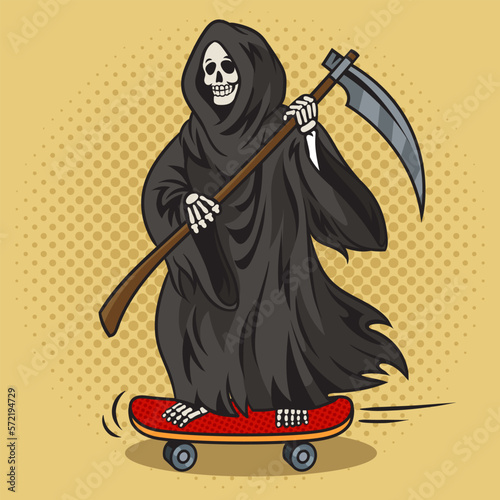 Grim reaper death with scythe rides skateboard pop art retro vector illustration. Comic book style imitation.