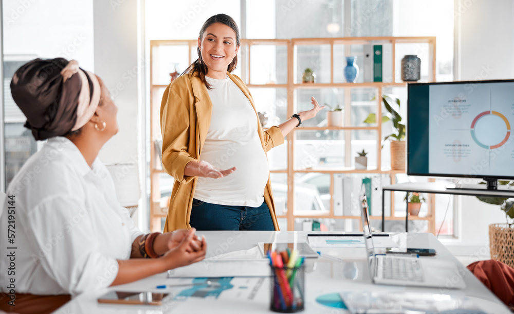 Fototapeta premium Teamwork, pregnant woman or presentation meeting for company growth, strategy review or collaboration in office. Consulting, leader or startup women group for SEO, schedule or planning calendar KPI