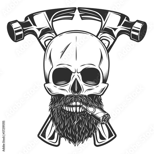 Skull smokig cigar or cigarette with mustache and beard and builder crossed hammers from new construction and remodeling house business in monochrome vintage style illustration