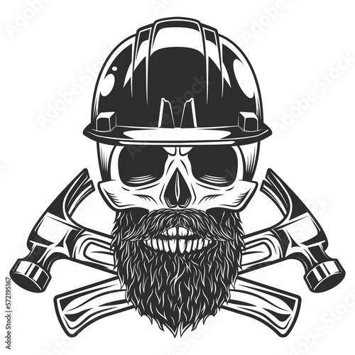 Skull with mustache and beard and helmet hard hat builder crossed hammers from new construction and remodeling house business in monochrome vintage style illustration