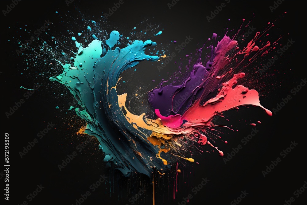 Colored paint splashes on dark background. Generative AI