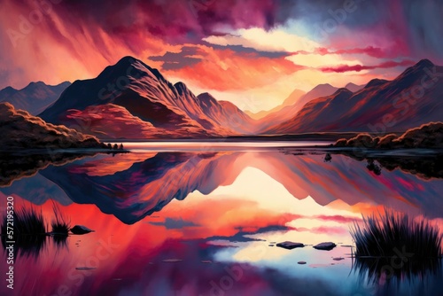 Depicts a beautiful and serene natural landscape at sunset. Generative AI