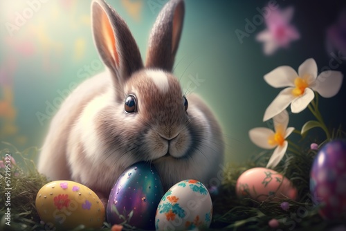 Cute bunny with colorful easter eggs. Happy Easter Day. Generative AI © 7AM
