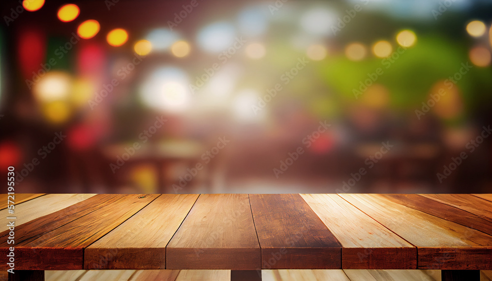 Image of wooden table in front of abstract blurred background of restaurant lights. Generative Ai. Image of wooden table in front of abstract blurred background of restaurant lights. Generative Ai.