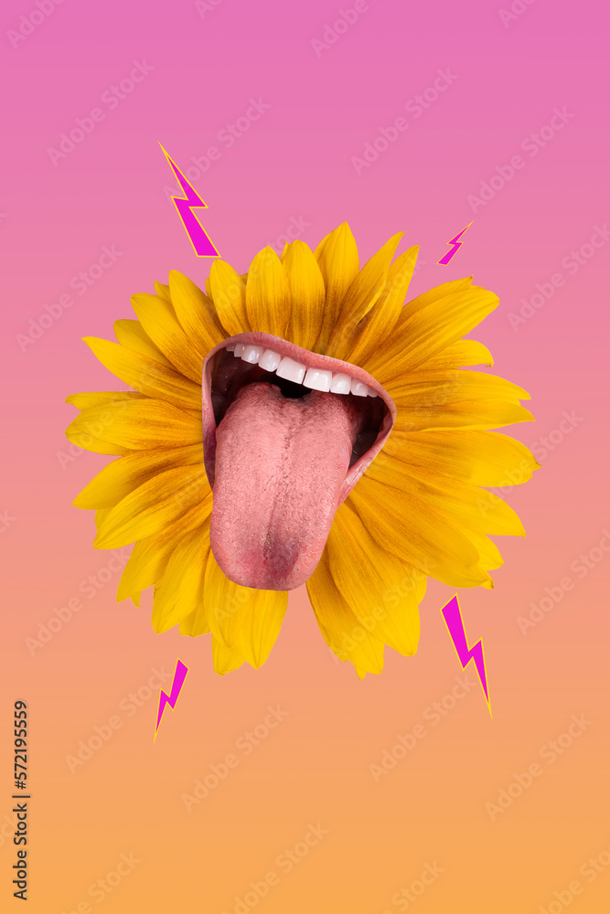 Vertical collage artwork photo of sunflower petals blossom crazy lick tongue out uneducated psychedelic psychedelic isolated on gradient background - obrazy, fototapety, plakaty 