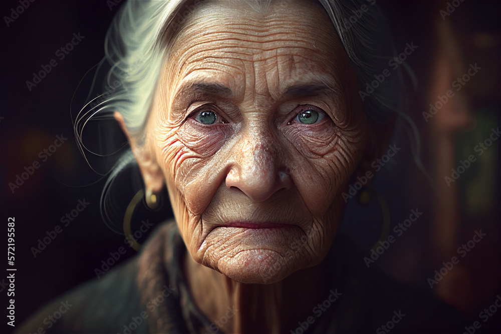 Close up photo of an old white woman with wrinkles looking straight into the camera, illustration Generative Ai Close up photo of an old white woman with wrinkles looking straight into the camera, illustration Generative Ai