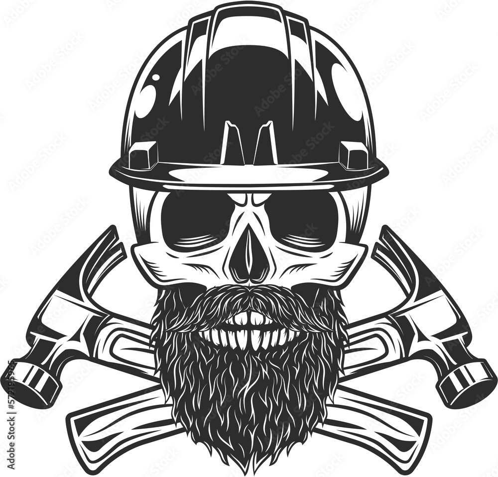 Skull with mustache and beard and helmet hard hat builder crossed ...