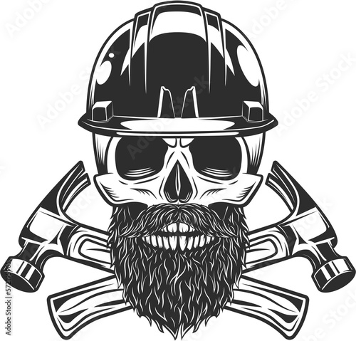 Skull with mustache and beard and helmet hard hat builder crossed hammers from new construction and remodeling house business in monochrome vintage style illustration