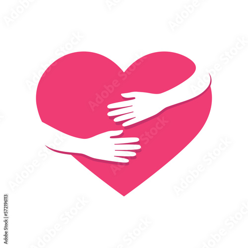 Vector hands hugging a red heart. Isolated on white background.