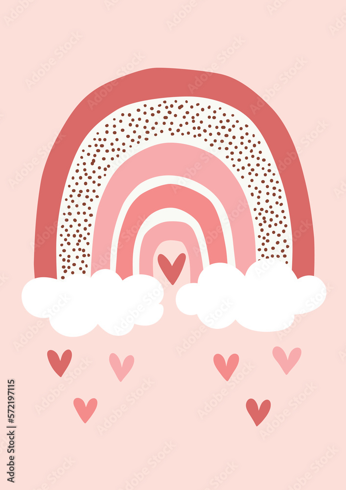 Cute Hand Drawn Illustration Of Rainbow With Clouds And Little Hearts On Pink Background. Simple Style Vector Graphic. Ideal As Wall Art For Kids Playroom, Valentine’s Day Card, Invitation, Poster. Cute Hand Drawn Illustration Of Rainbow With Clouds And Little Hearts On Pink Background. Simple Style Vector Graphic. Ideal As Wall Art For Kids Playroom, Valentine’s Day Card, Invitation, Poster.