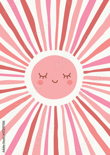 Cute Smiling Sun. Scandinavian Style Kids Room Decoration. Hand Drawn Cheerful Nursery Graphic Design. Isolated Vector Illustration. Ideal For Card, Invitation, Wall Decal, Poster Or T-Shirt Print.
