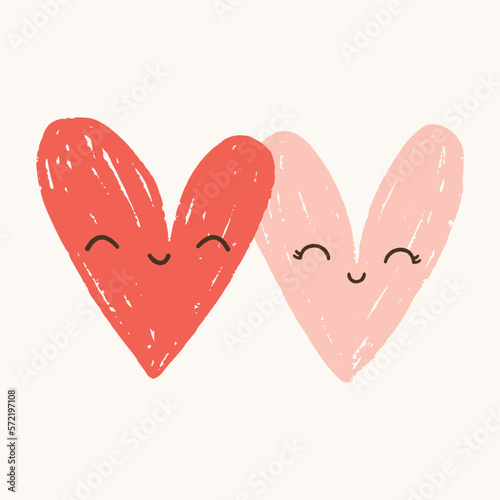 Cute Hand Drawn Illustration Of Two Smiling Hearts In Red And Pink Color On Off-White Background. Vector Isolated Design. Ideal For Valentine’s Day Greeting Card Or Nursery Wall Art.