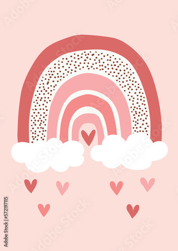 Cute Hand Drawn Illustration Of Rainbow With Clouds And Little Hearts On Pink Background. Simple Style Vector Graphic. Ideal As Wall Art For Kids Playroom, Valentine’s Day Card, Invitation, Poster.