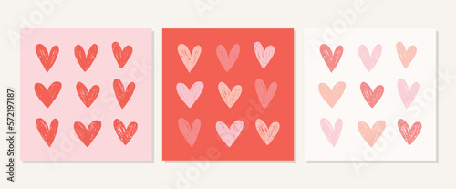 Lovely Set Of Three Square Graphics With Heart Patterns. Hand Drawn Vector Isolated Designs. Great for Valentine’s Day Greeting Cards Or Textile Prints.