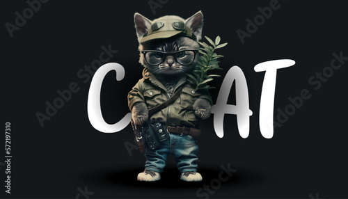 Cute photographer cat. Beautiful cat doll on a black background. Funny adorable home pet vector illustration. A template for clothing design or stickers.