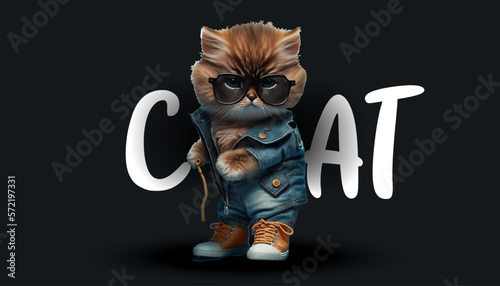 Cute dude cat. Beautiful cat doll on a black background. Funny adorable home pet vector illustration. A template for clothing design or stickers.