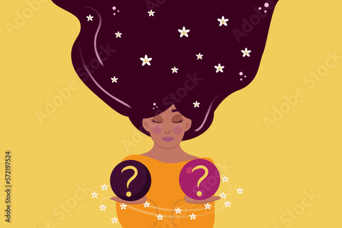 Woman is thinking about problem, making decision, choose between yes or no. person confused by hard choice