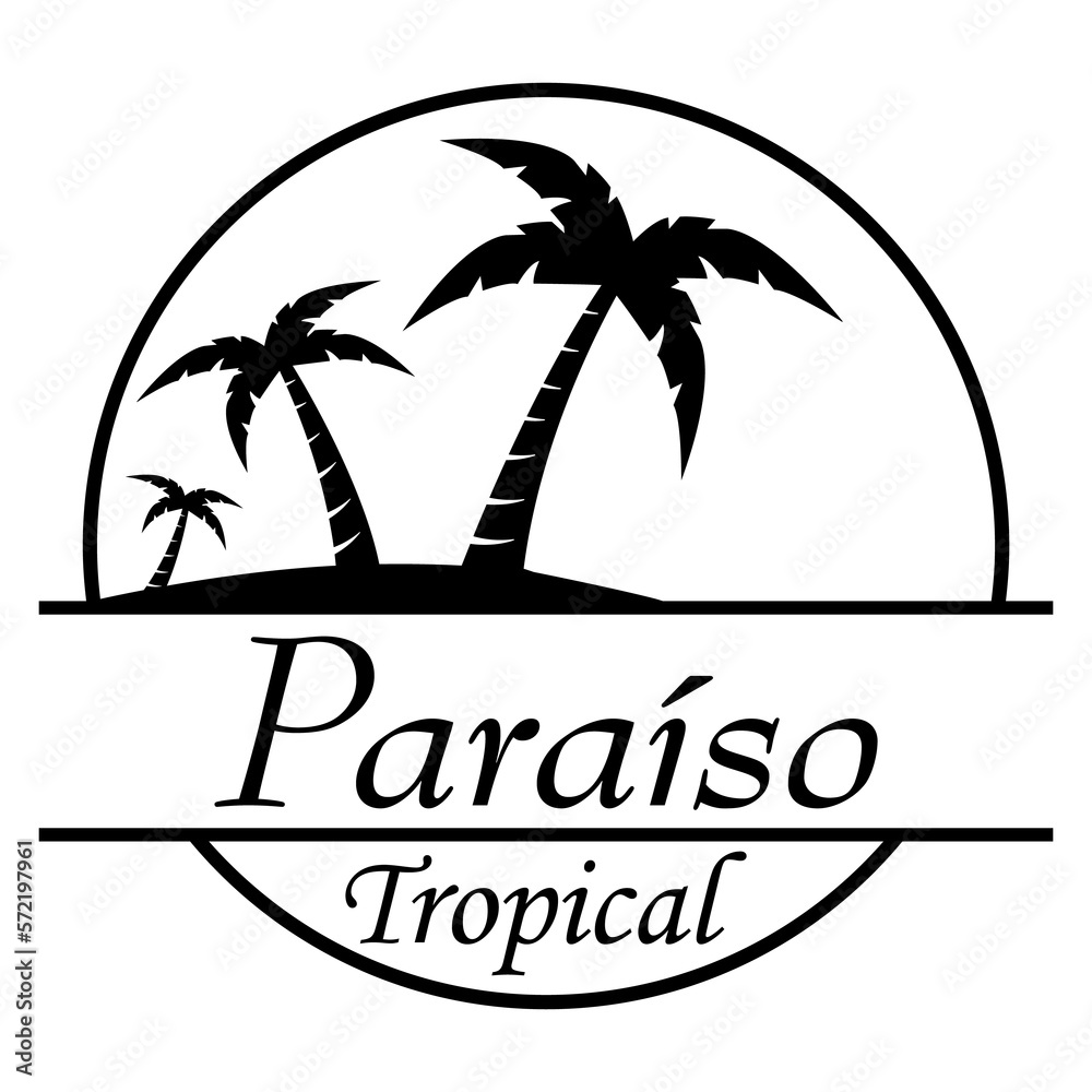 Destino de vacaciones. Logo aislado con texto manuscrito Paraíso Tropical en español con silueta de playa con palmeras en círculo lineal