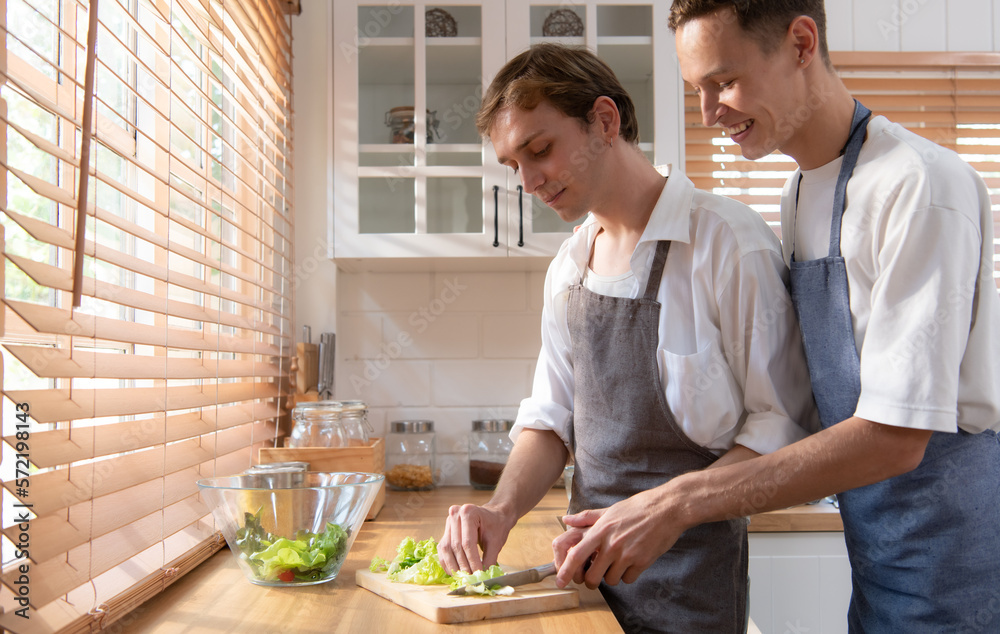 LGBT young couple heads into the kitchen to make a fruit and vegetable salad for the dinner meal. LGBT young couple heads into the kitchen to make a fruit and vegetable salad for the dinner meal.
