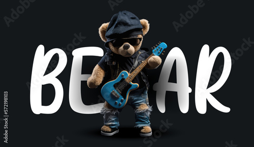 Cute teddy bear in sunglasses plays the guitar. Funny charming illustration of a teddy bear on a black background. Print for your clothes or postcards. Vector illustration