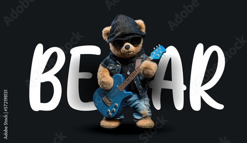 Cute teddy bear in sunglasses plays the guitar. Funny charming illustration of a teddy bear on a black background. Print for your clothes or postcards. Vector illustration
