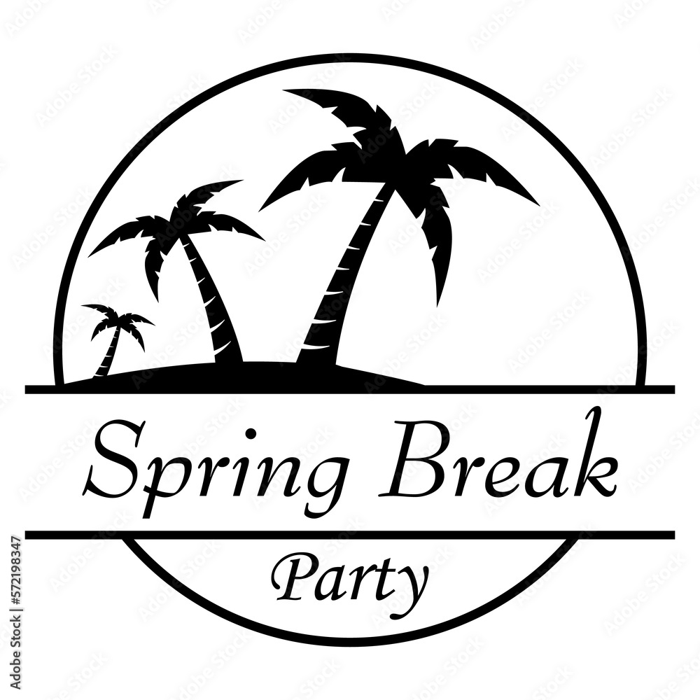 Destino de vacaciones. Logo aislado con texto manuscrito Spring Break Party con silueta de playa con palmeras en círculo lineal