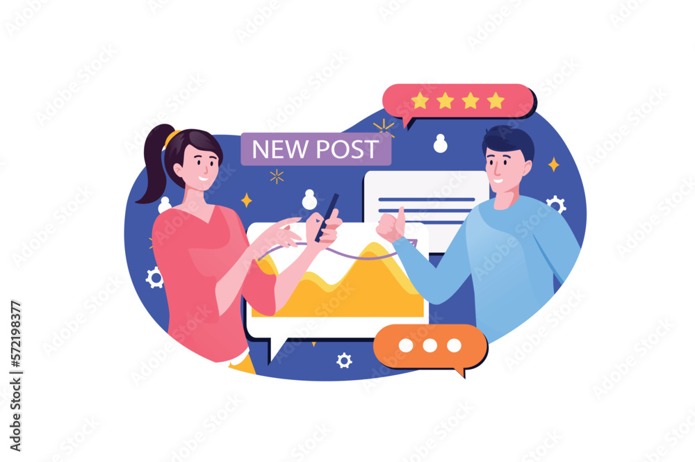 Blue concept content manager with people scene in the flat cartoon design. Two content managers working on creating content for the site. Vector illustration. Blue concept content manager with people scene in the flat cartoon design. Two content managers working on creating content for the site. Vector illustration.