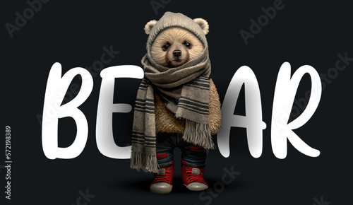 Cute teddy bear in a warm scarf. Funny charming illustration of a teddy bear on a black background. Print for your clothes or postcards. Vector illustration