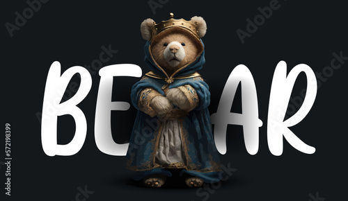 A cute teddy bear in king costume. Funny charming illustration of a teddy bear on a black background. Print for your clothes or postcards. Vector illustration
