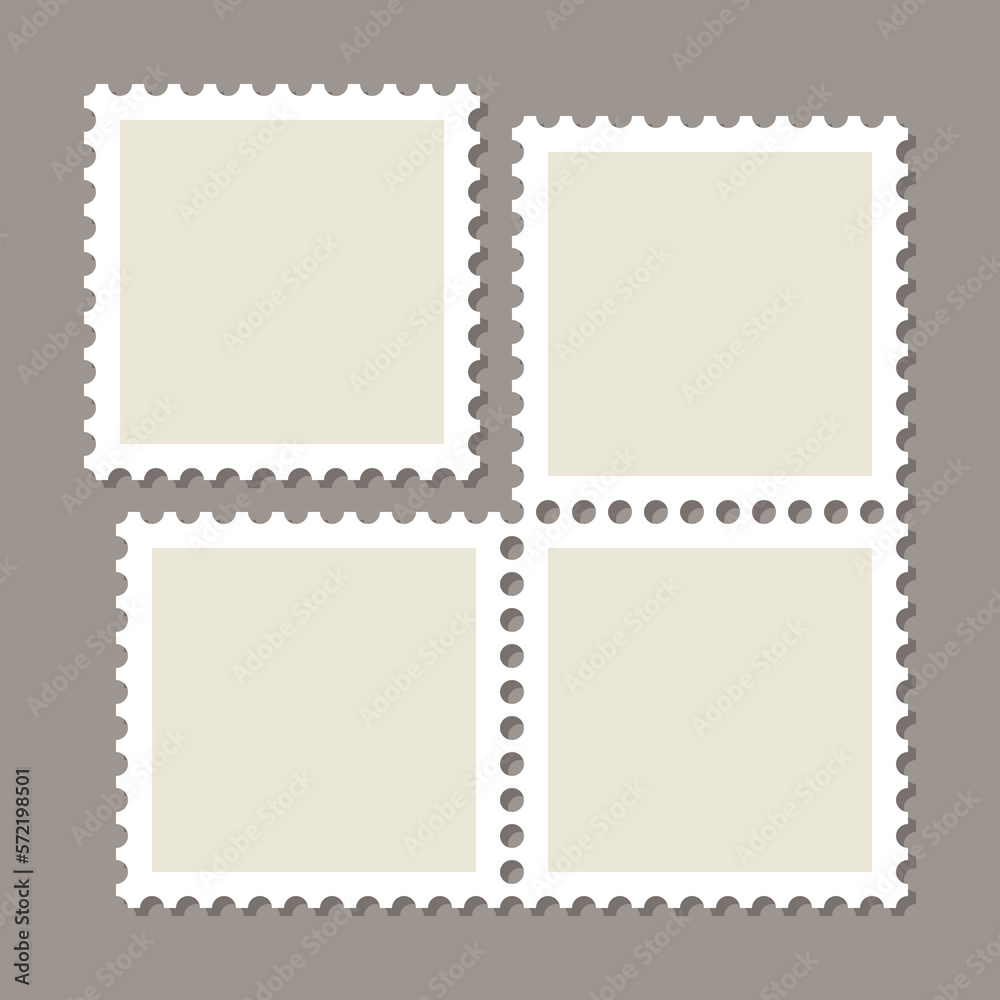 Paper postmarks. Triangular perforated labels set. Empty postal stamp. Post frames. Postagestamps for mail letter. Blank borders isolated on gray background. Vector illustration.