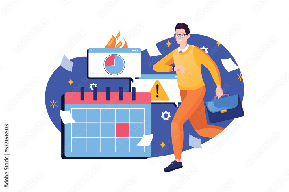 Deadline blue concept with people scene in the flat cartoon design. Employee is in a hurry to complete all tasks before the deadline. Vector illustration.