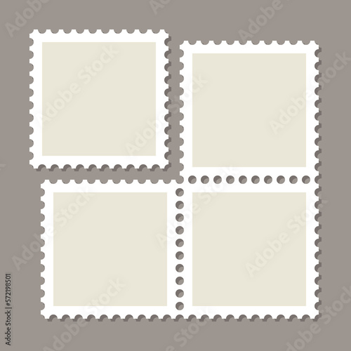 Paper postmarks. Triangular perforated labels set. Empty postal stamp. Post frames. Postagestamps for mail letter. Blank borders isolated on gray background. Vector illustration.