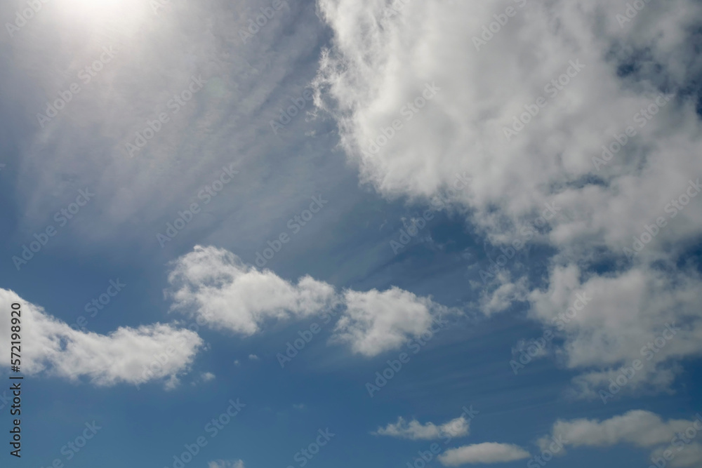 Fototapeta premium Blue cloudy sky with white clouds. Nature background.