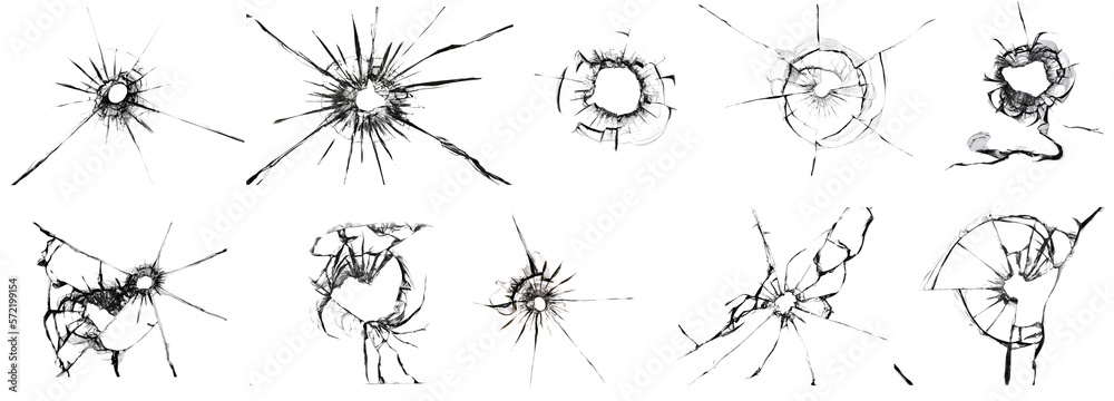 Obraz premium Textures of broken glass. The effect of cracks on the window. Elements for use in design, a large set of photos in one picture.
