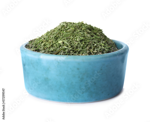Bowl of dried thyme isolated on white