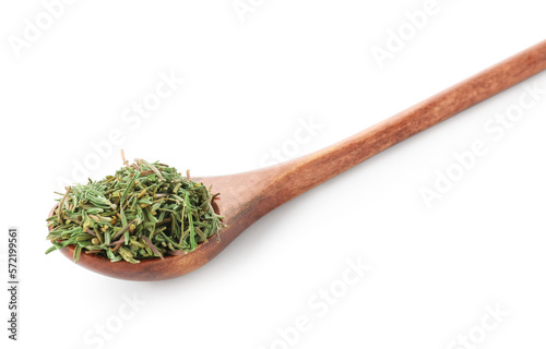 Spoon of dried thyme isolated on white