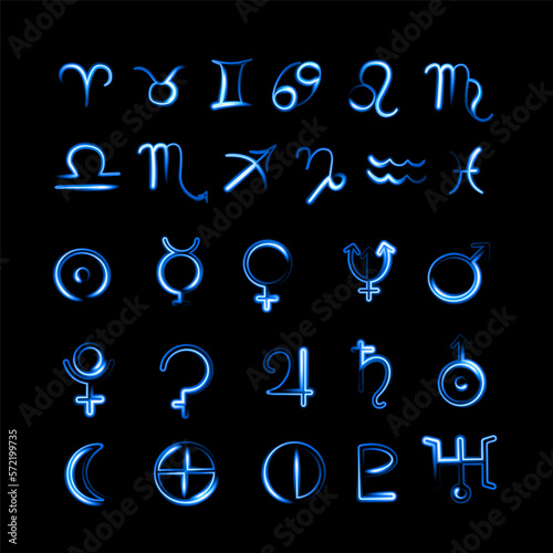 Vector isolated astrological set of zodiac signs and planets with neon effect.