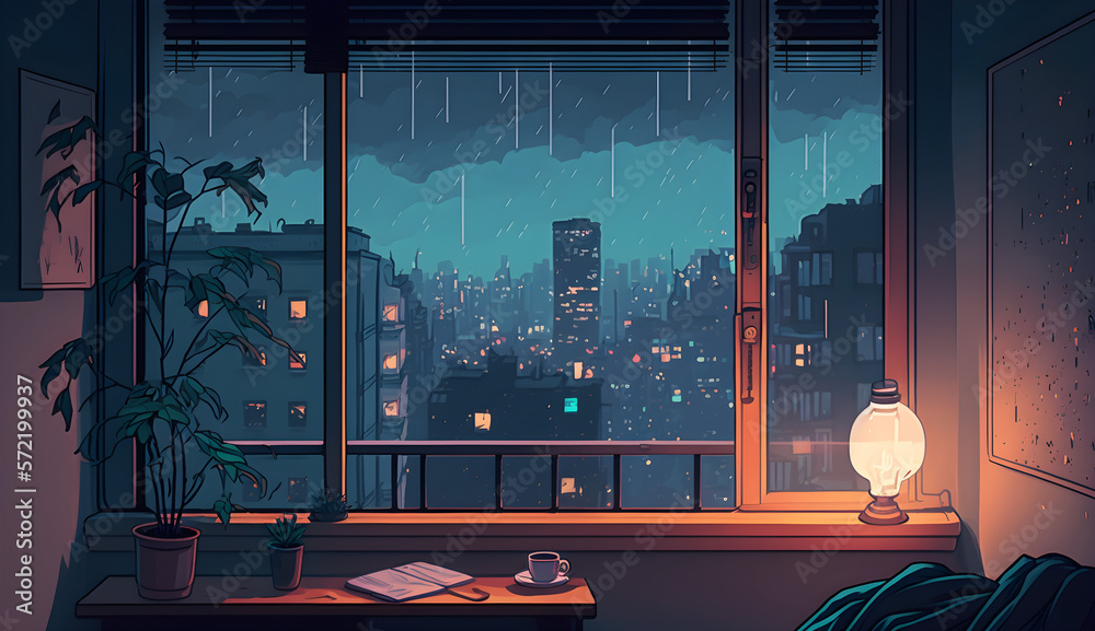Fototapeta premium Lofi cozy bedroom on a rainy night.
