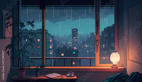 Lofi cozy bedroom on a rainy night.