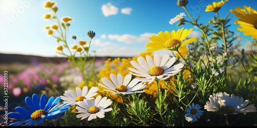 Blooming colorful flowers field with blue sky background. Generative Ai
